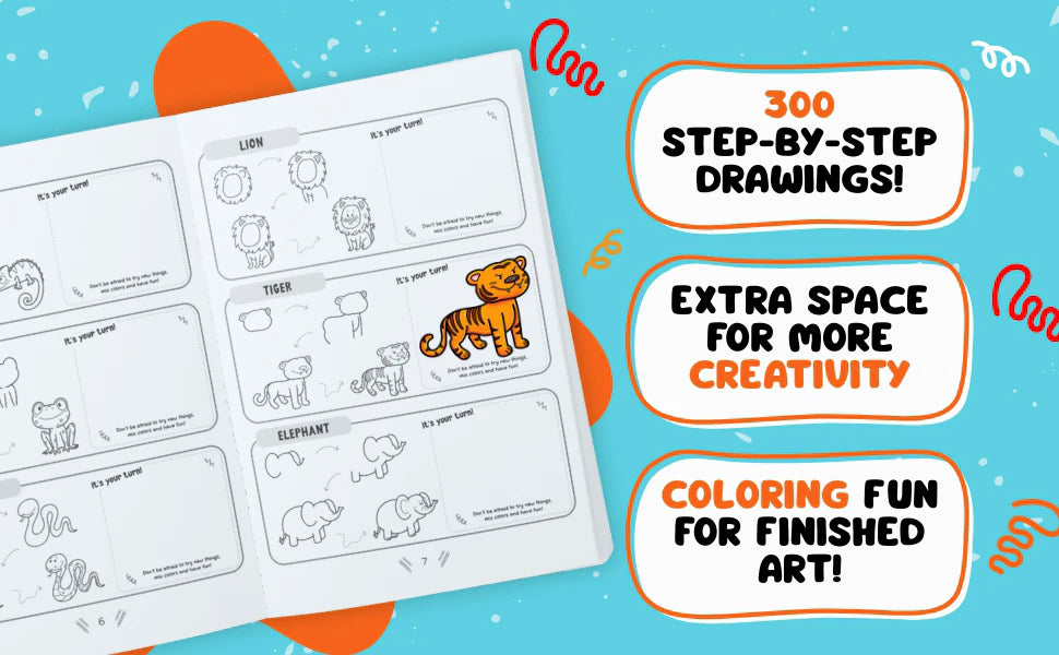 The book open at the lion, tiger and elephant, with three notes: 300 step-by-step drawings, extra space for more creativity, coloring fun for finished art.