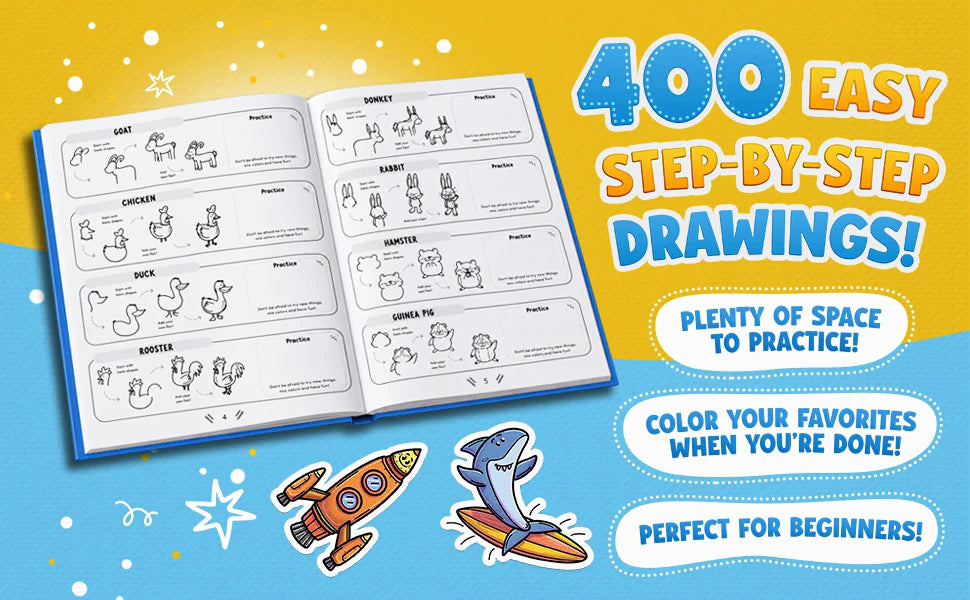 The book open at the goat, chicken, duck, rooster, donkey, rabbit, hamster and guinea pig, step by step, with the notes: 400 easy step-by-step drawings, plenty of space to practice, color your favorites when you’re done, perfect for beginners.