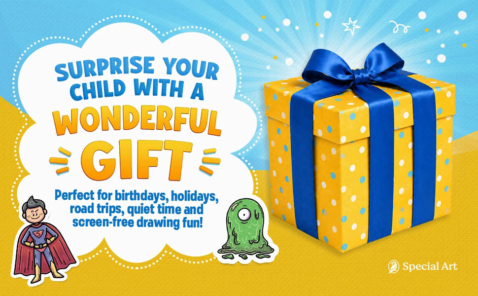 Surprise your child with a wonderful gift: a blue and yellow gift box with a bow. Perfect for birthdays, holidays, road trips and quiet time.