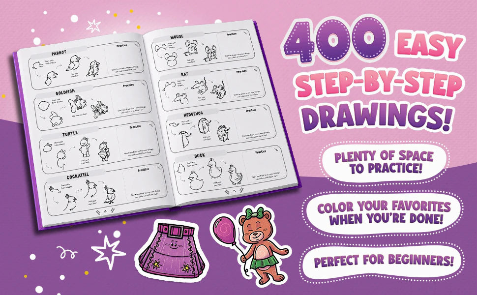 The book open at the parrot, goldfish, turtle, cockatiel, mouse, rat, hedgehog and duck, step by step, with the notes: 400 easy step-by-step drawings, plenty of space to practice, color your favorites when you’re done, perfect for beginners.