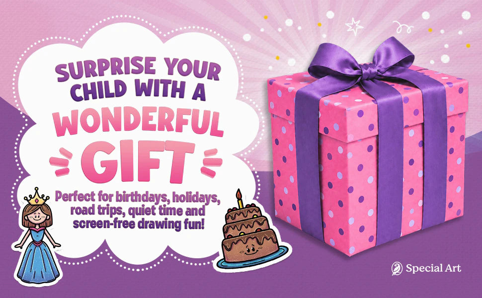Surprise your child with a wonderful gift: a pink and purple gift box with a bow. Perfect for birthdays, holidays, road trips and quiet time.