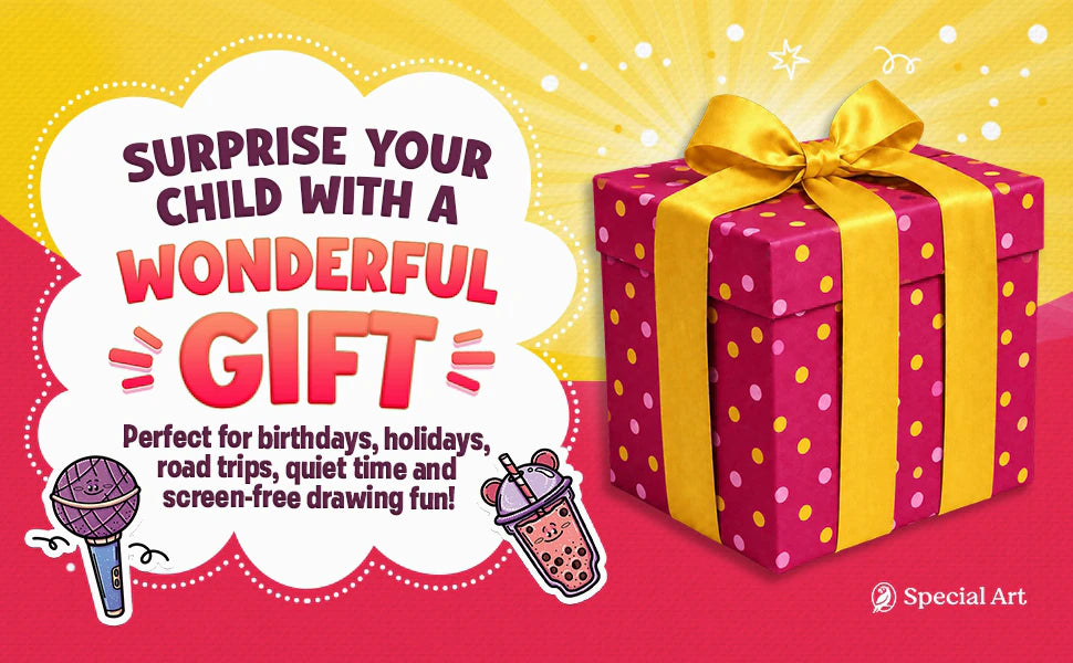 Surprise your child with a wonderful gift: a red and yellow gift box with a bow. Perfect for birthdays, holidays, road trips and quiet time.