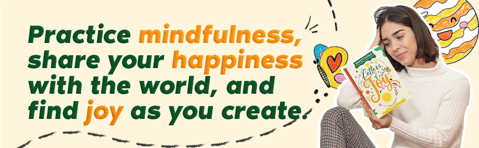 A smiling young woman holds Letters of Joy, next to the words Share your happiness with the world, and find joy as you create.
