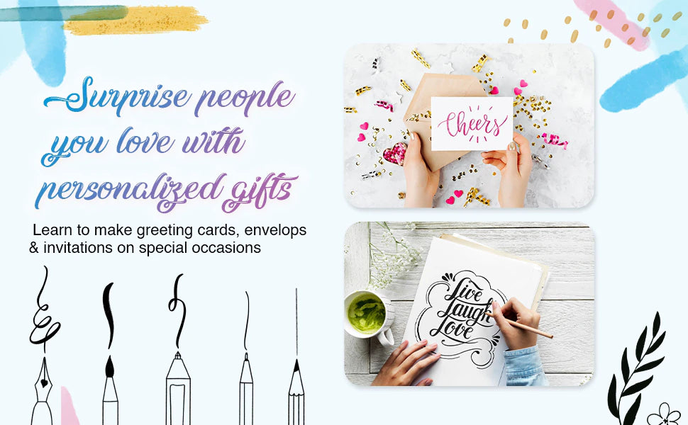 Surprise people you love with personalized gifts: hands lettering a Cheers card and a Live Laugh Love page.