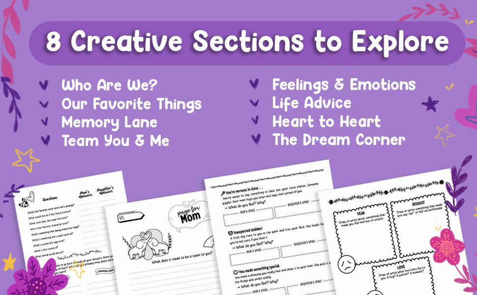 8 Creative Sections to Explore: Who Are We?, Our Favorite Things, Memory Lane, Team You & Me, Feelings & Emotions, Life Advice, Heart to Heart, The Dream Corner, over four interior pages.