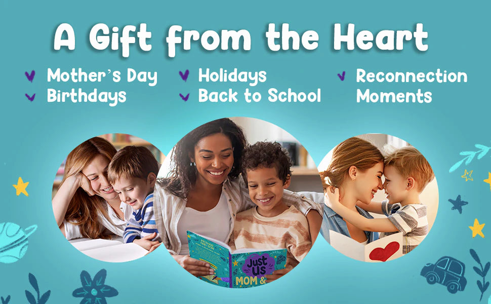 A Gift from the Heart: three photos of moms and sons reading together, one with Just Us Mom & Me in their hands.