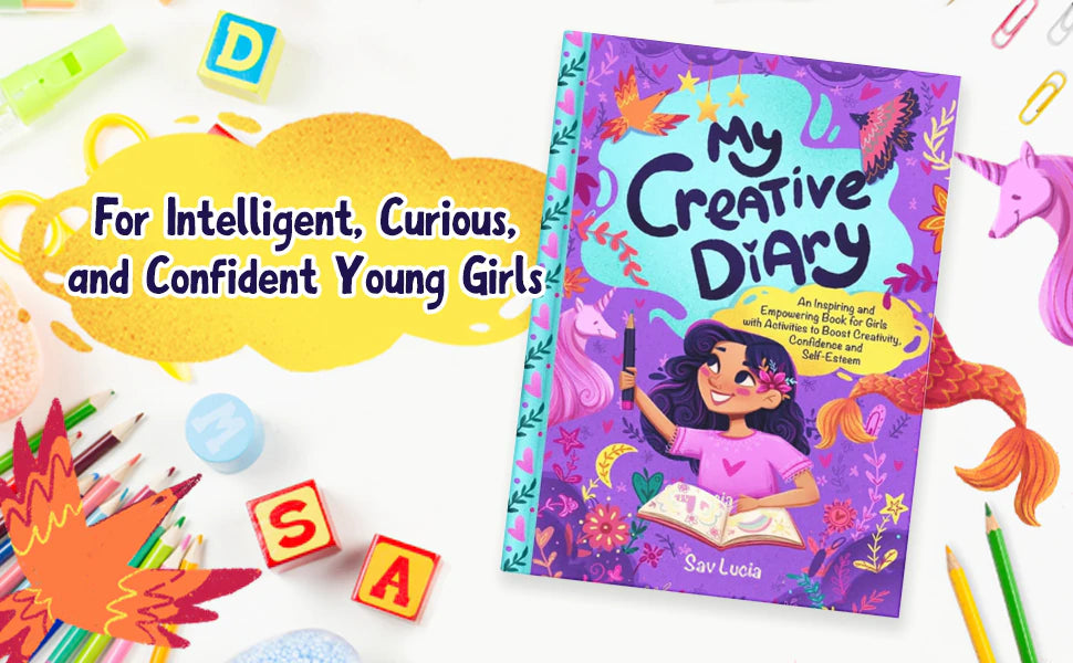 My Creative Diary among colored pencils, letter blocks and a toy unicorn: for intelligent, curious, and confident young girls.