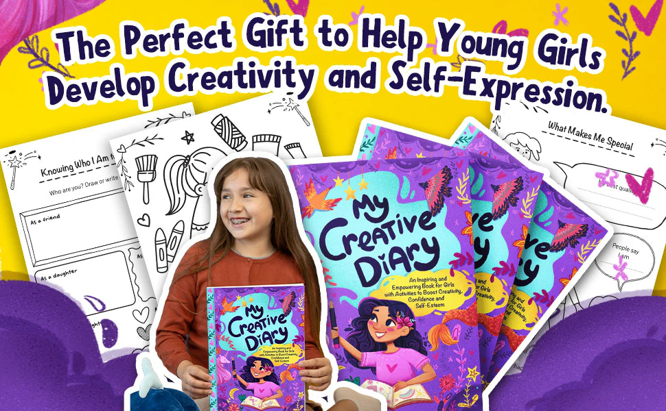 A smiling girl holds My Creative Diary among copies of the book and its pages: the perfect gift to help young girls develop creativity and self-expression.