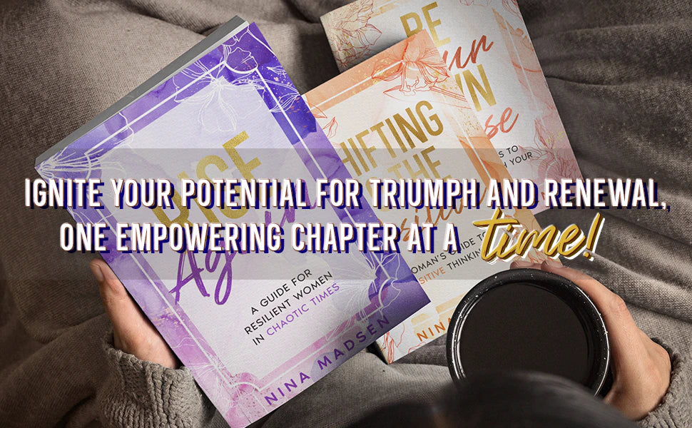 Rise Again, Shifting to the Positive and Be Your Own Muse by Nina Madsen held over a cozy blanket, next to a cup of coffee.