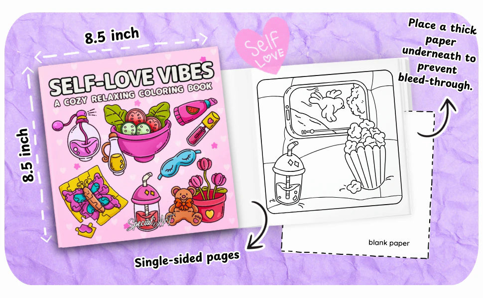 Self-Love Vibes is 8.5 by 8.5 inches with single-sided pages and a blank back. A note says: place a thick paper underneath to prevent bleed-through.