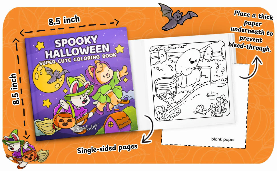 Spooky Halloween is 8.5 by 8.5 inches with single-sided pages and a blank back. A note says: place a thick paper underneath to prevent bleed-through.