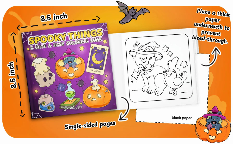 Spooky Things is 8.5 by 8.5 inches with single-sided pages and a blank back. A note says: place a thick paper underneath to prevent bleed-through.