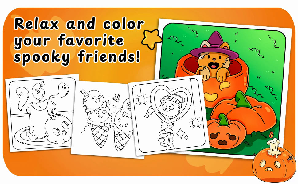 A colored kitten in a witch hat peeking out of a pumpkin, beside three black and white pages: relax and color your favorite spooky friends.