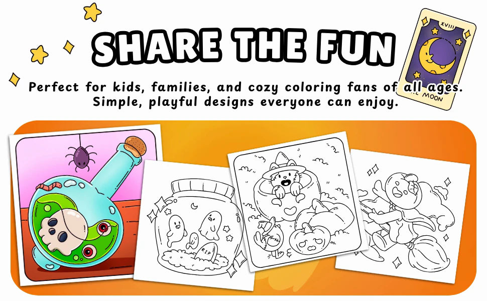 Share the Fun: a colored potion bottle with a skull beside three black and white pages.