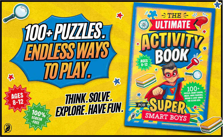 100+ puzzles, endless ways to play: the book with a superhero boy on the cover, Ages 8-12, 100% screen-free.