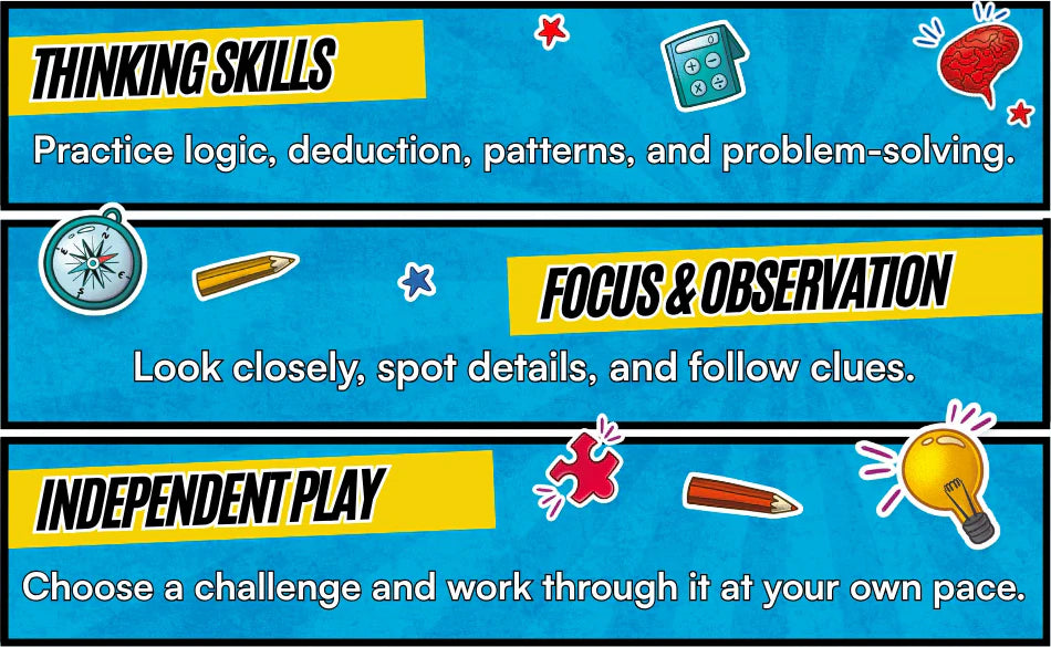 Thinking skills, focus and observation, independent play: three panels with icons of a calculator, a compass and a light bulb.