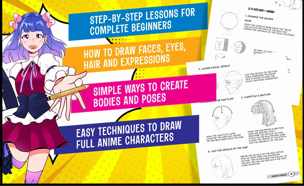 Step-by-step lessons for complete beginners: how to draw faces, eyes, hair and expressions, simple ways to create bodies and poses, easy techniques to draw full anime characters.