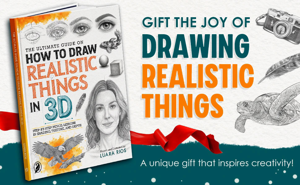 Gift the joy of drawing realistic things: the book by Luara Rios with a red ribbon, a camera, a feather and a sea turtle drawn in pencil.
