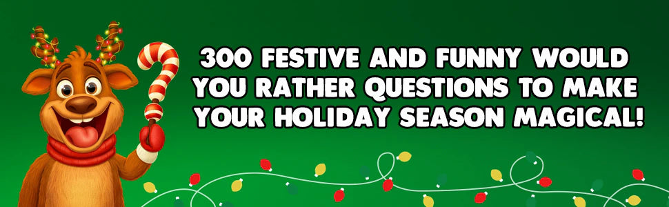 The reindeer from the cover with a candy cane and a string of lights: 300 festive and funny Would You Rather questions to make your holiday season magical.
