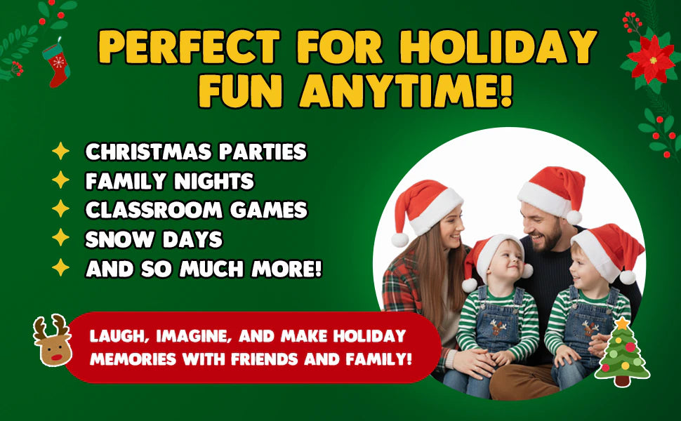Perfect for holiday fun anytime: a family in Santa hats smiles together, next to a list with Christmas parties, family nights, classroom games and snow days.