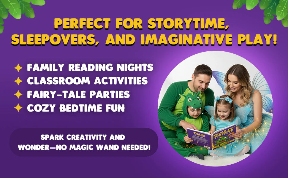 Perfect for storytime, sleepovers and imaginative play: a dad, a mom with fairy wings, a boy dressed as a dragon and a girl fairy read the book together.