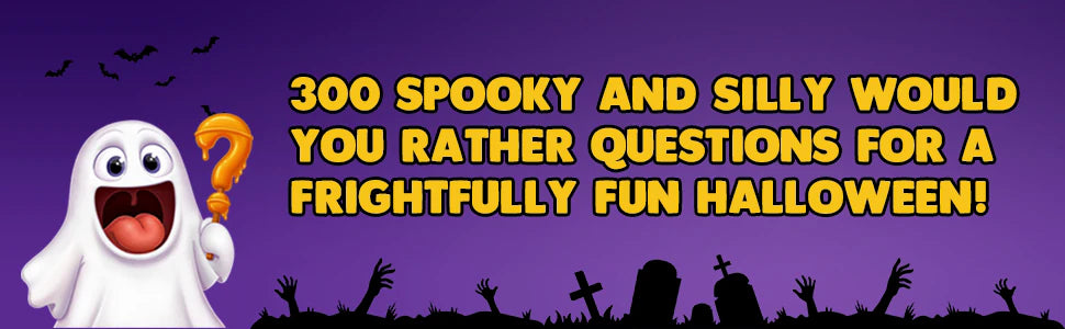 The ghost from the cover with an orange question mark, above a graveyard: 300 spooky and silly Would You Rather questions for a frightfully fun Halloween.
