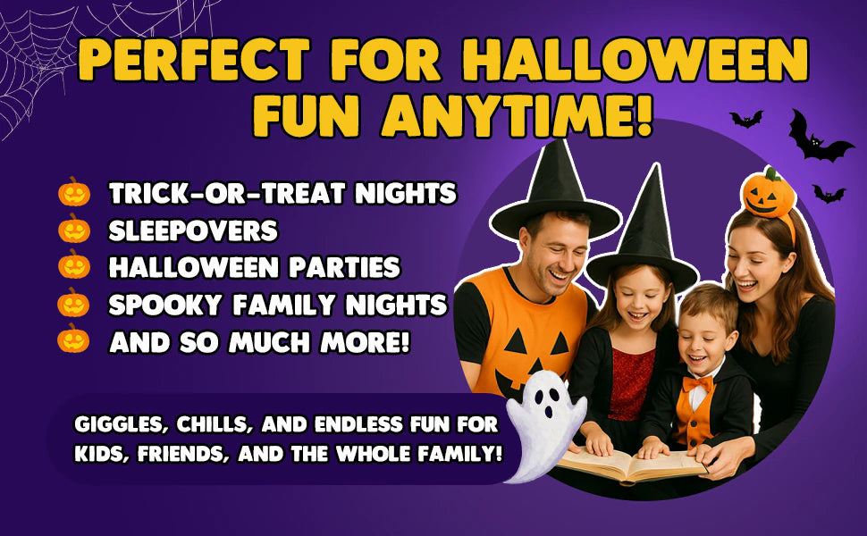 Perfect for Halloween fun anytime: a family in costumes laughs over the book, next to a list with trick-or-treat nights, sleepovers, Halloween parties and spooky family nights.
