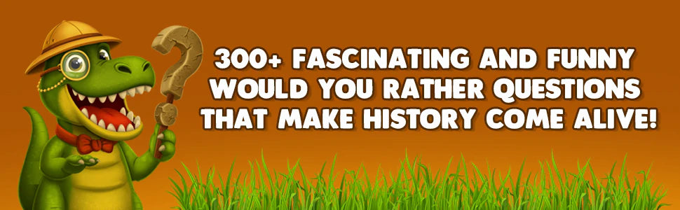 The explorer mascot from the cover, with a pith helmet and a monocle: 300+ fascinating and funny Would You Rather questions that make history come alive.