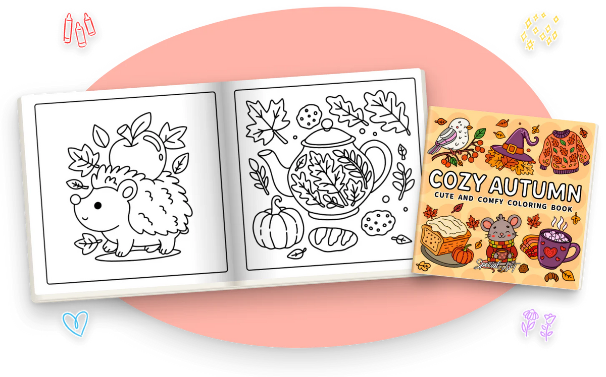 Cozy Autumn open at two black and white pages: a hedgehog with an apple among fall leaves, and a teapot with leaves, cookies and a pumpkin, next to the cover.