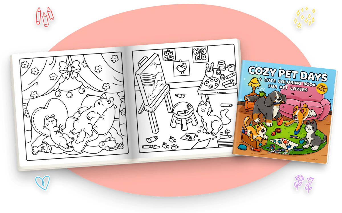 Cozy Pet Days open at two black and white pages: a cat napping on a heart-shaped cushion, and a kitten painting at an easel, next to the cover.