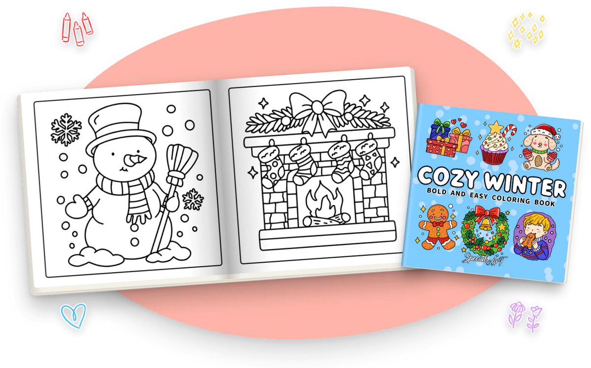 Cozy Winter open at two black and white pages: a snowman with a broom and a scarf, and a fireplace with stockings and a bow, next to the cover.