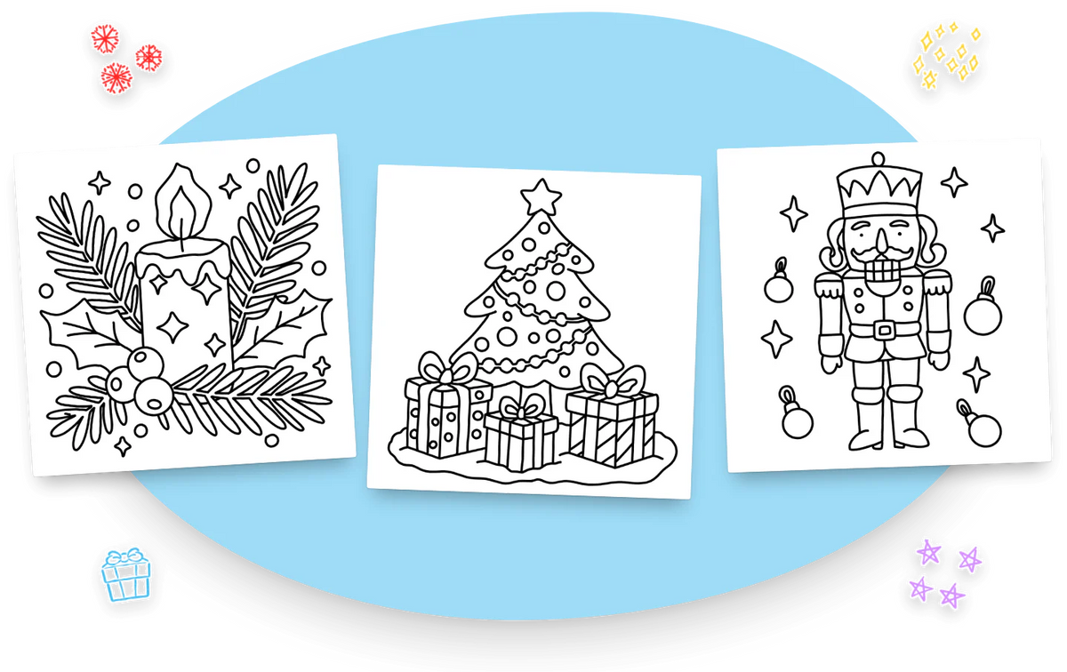 Three black and white pages from Cozy Winter: a candle with holly and pine, a Christmas tree with gifts and a nutcracker among ornaments.