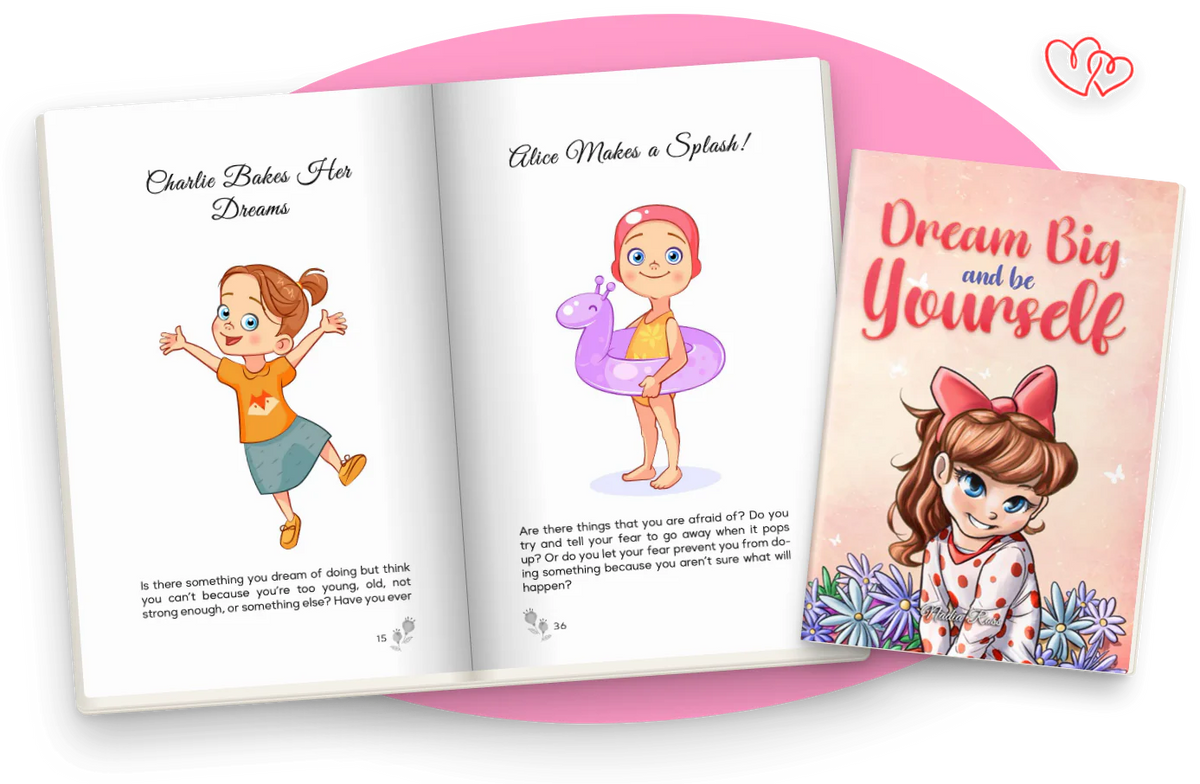 Dream Big and Be Yourself open at Charlie Bakes Her Dreams and Alice Makes a Splash!, in color, next to the cover.