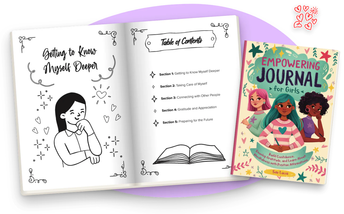 Empowering Journal for Girls open at Getting to Know Myself Deeper and the table of contents, next to the color cover.