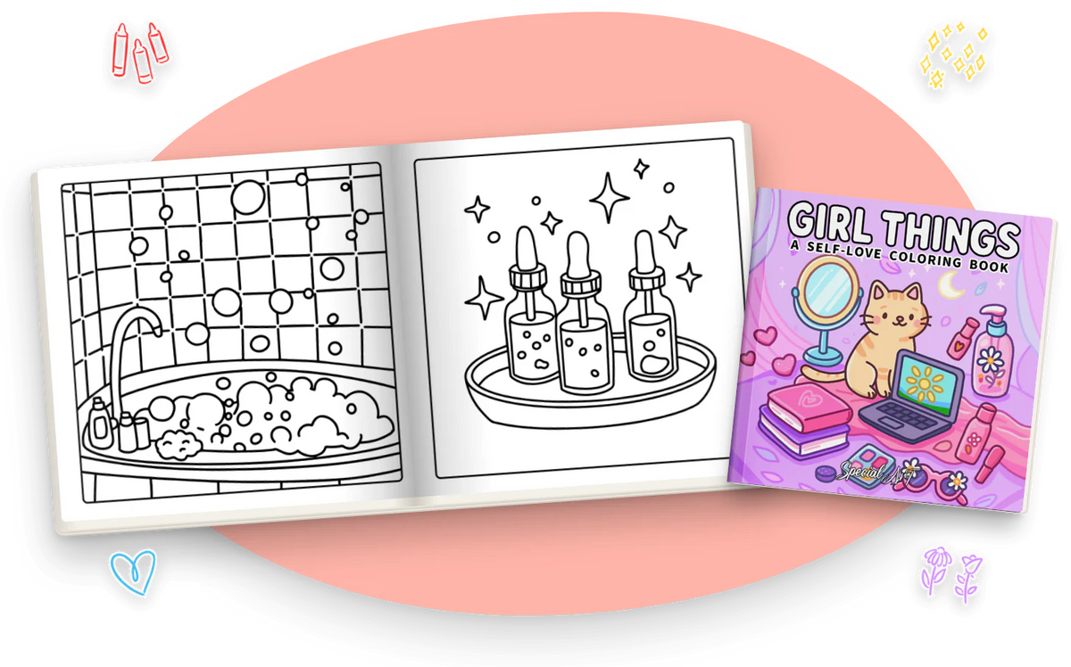 Girl Things open at two black and white pages: a bathtub full of bubbles, and three serum bottles on a tray, next to the cover.