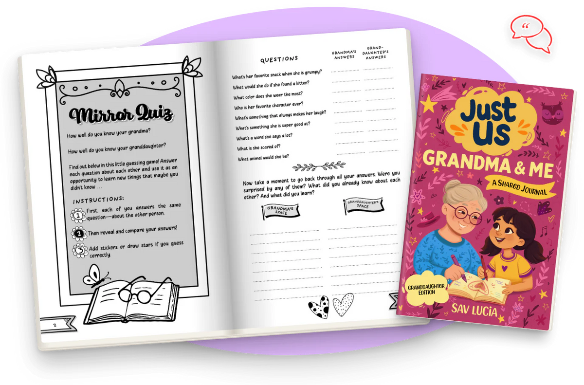 Grandma & Me, Grandmothers & Granddaughters open at Mirror Quiz and its questions, next to the color cover.