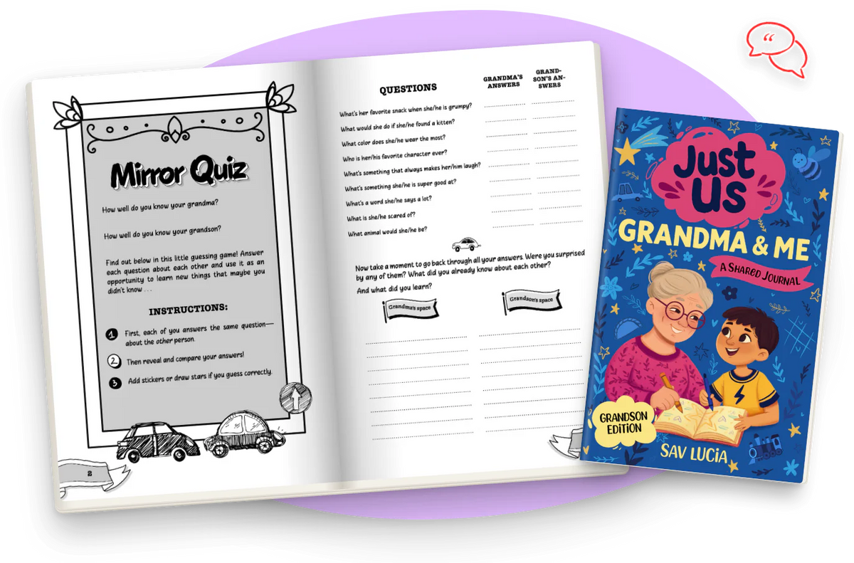 Grandma & Me, Grandmothers & Grandsons open at Mirror Quiz and its questions, next to the color cover.