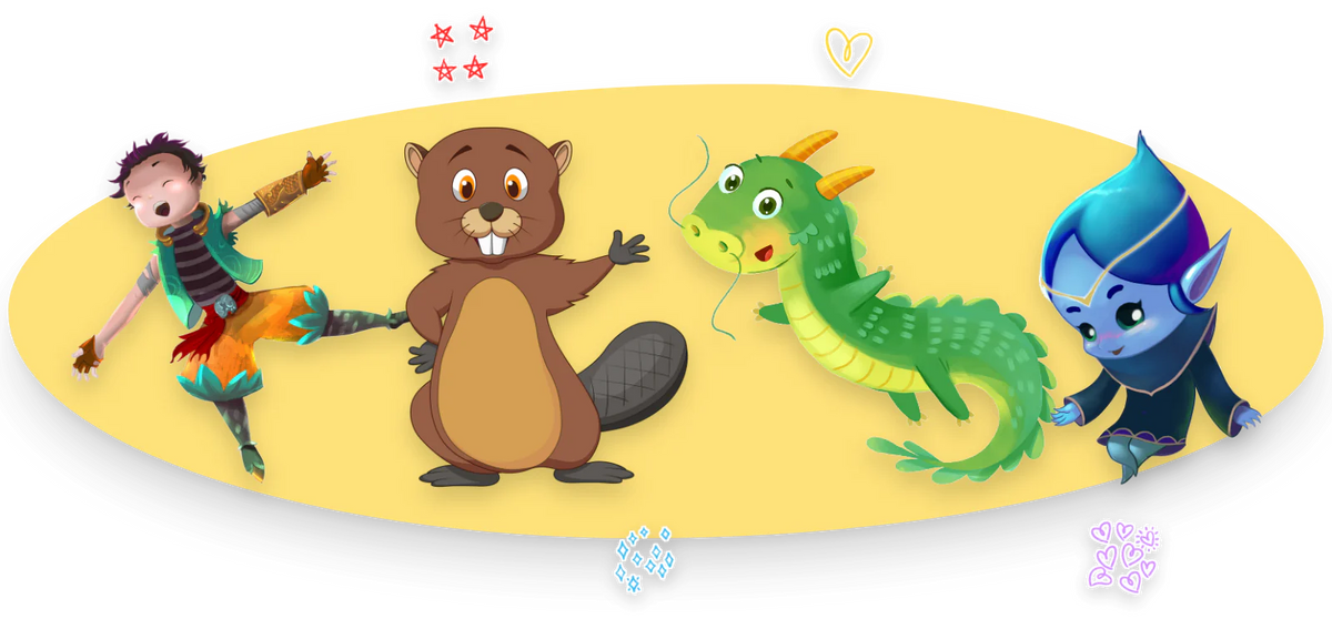 Characters from Inspiring Stories for Amazing Kids in color: a boy leaping in the air, a waving beaver, a green dragon and a little blue ice creature.