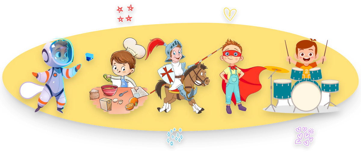 The boys of Never Stop Dreaming in color: an astronaut, a boy baking, a knight on his horse, a superhero with a red cape and a drummer.