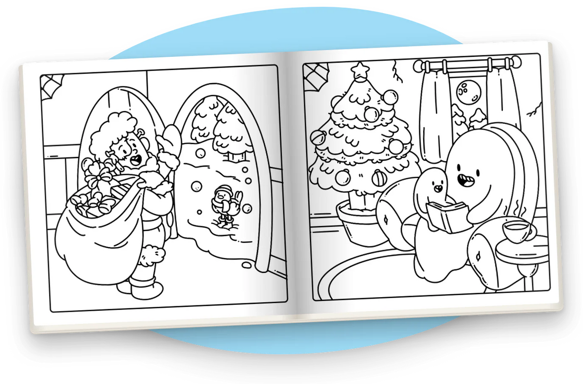 Spooky Christmas open at two black and white pages: Santa at a snowy door and a ghost reading by the Christmas tree.