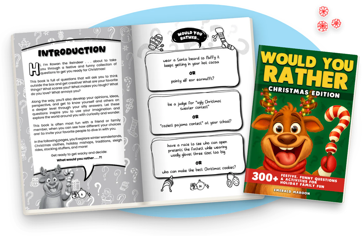 Would You Rather Christmas Edition open at the introduction by Rowan the Reindeer and a page of three questions, next to the color cover.
