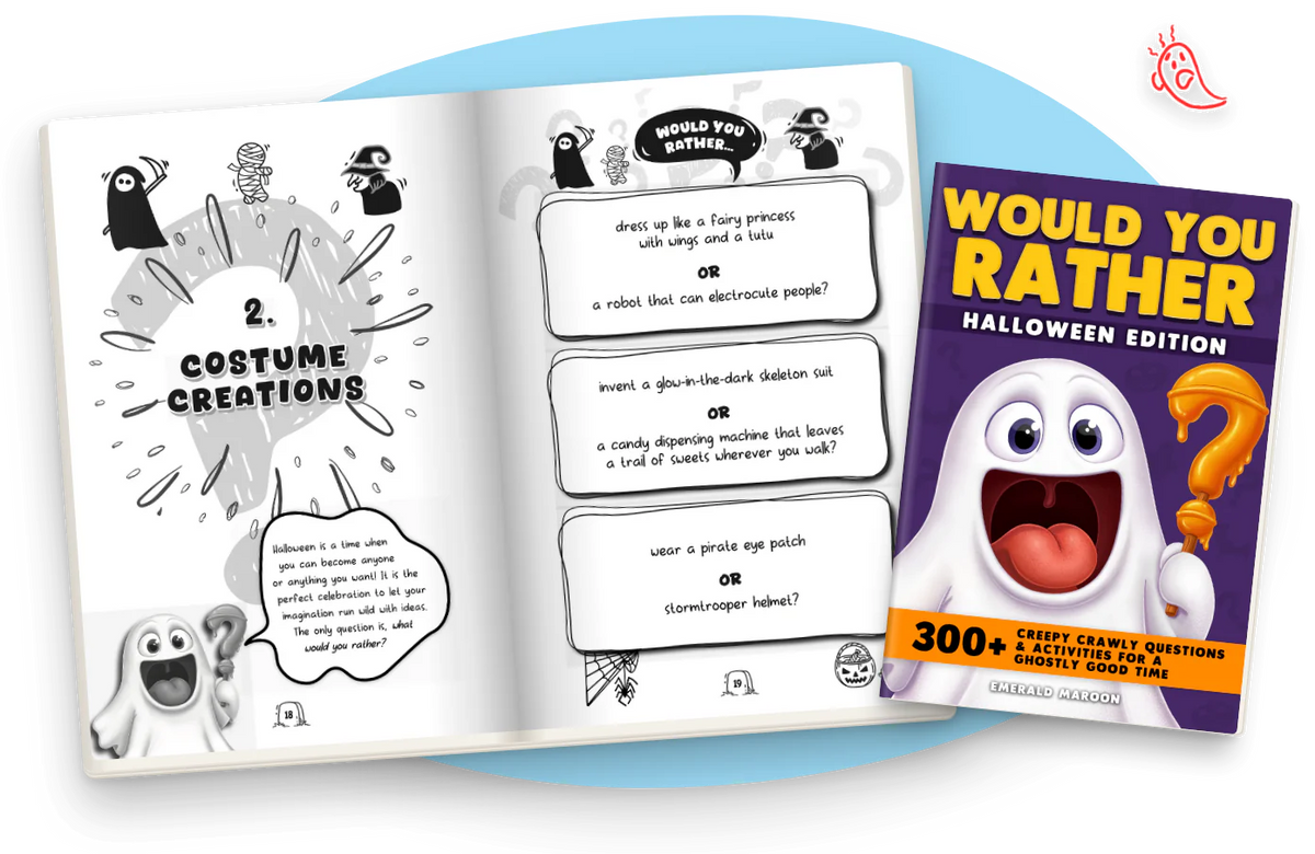 Would You Rather Halloween Edition open at the chapter Costume Creations, with Boolia the ghost, and a page of three questions, next to the color cover.