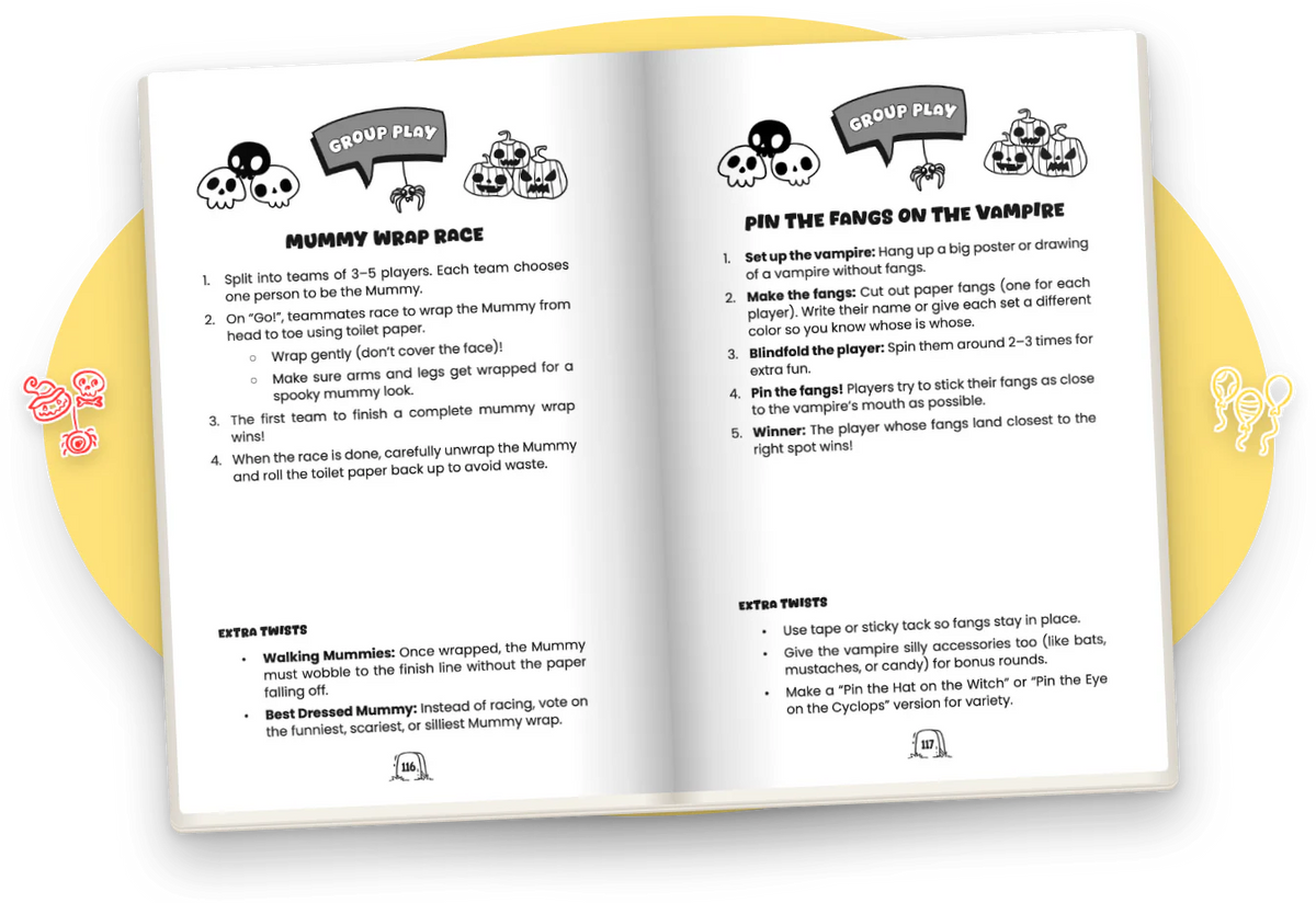 Would You Rather Halloween Edition open at two Group Play pages: Mummy Wrap Race and Pin the Fangs on the Vampire.