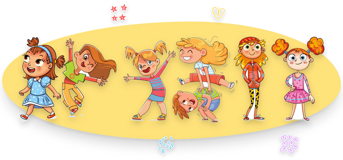 The girls of You Are a Loved Girl in color: a girl in a blue dress, two friends jumping for joy, two kids playing leapfrog and two sisters side by side.