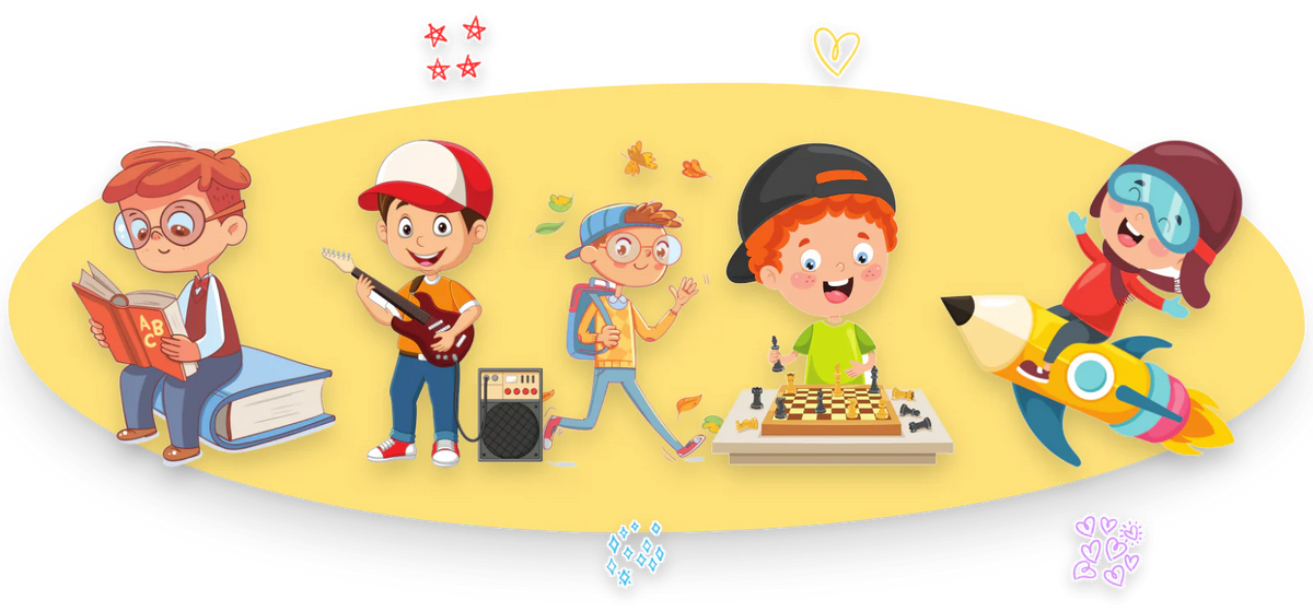 The boys of You Are an Amazing Boy in color: Connor reading on a giant book, Jack with his guitar, Luke walking among autumn leaves, Cooper at the chessboard and Sebastian riding a rocket.
