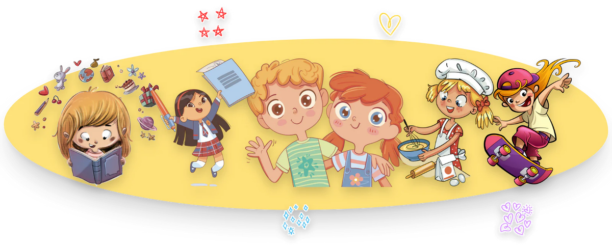 The girls of You Are an Amazing Girl in color: Luna reading among flying objects, Nicole jumping for joy, Sofia and a friend waving, Lucy baking and a girl on a skateboard.