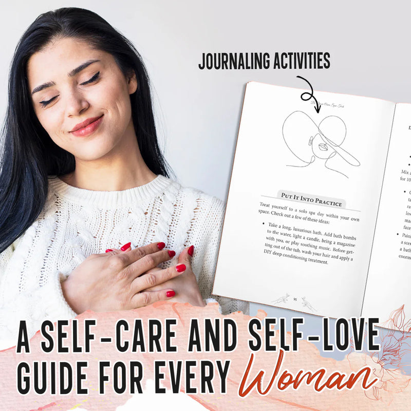 A smiling woman with her hand on her heart next to the open book: journaling activities, a self-care and self-love guide for every woman.