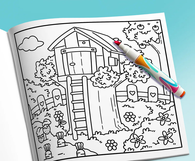 Open book: a treehouse in the garden among apple trees and carrots