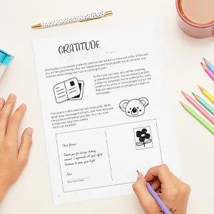 The Gratitude page, with postcards to write, a pen and a cup of tea.