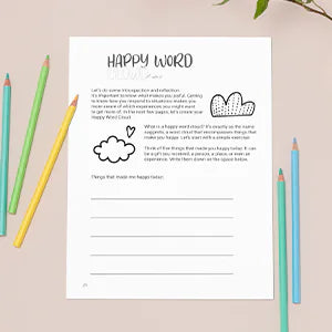 The Happy Word page, with colored pencils beside it.